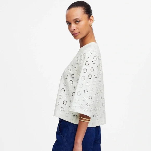 New - Madewell White Embroidered Wide-Sleeve Boxy Tee - Picture 4 of 8